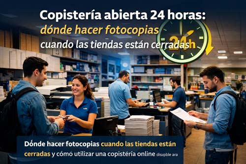 Copistería abierta 24h 7 días a la semana.