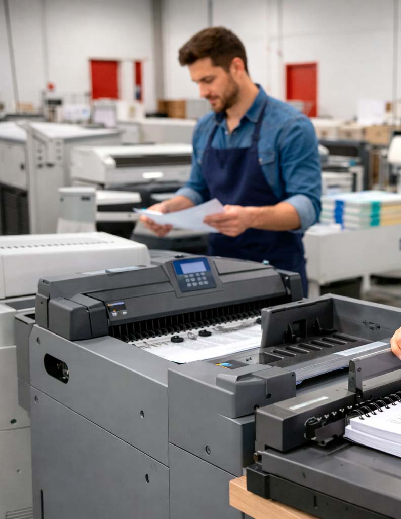 Empleados trabajando en copistería preparando impresión y encuadernación de documentos